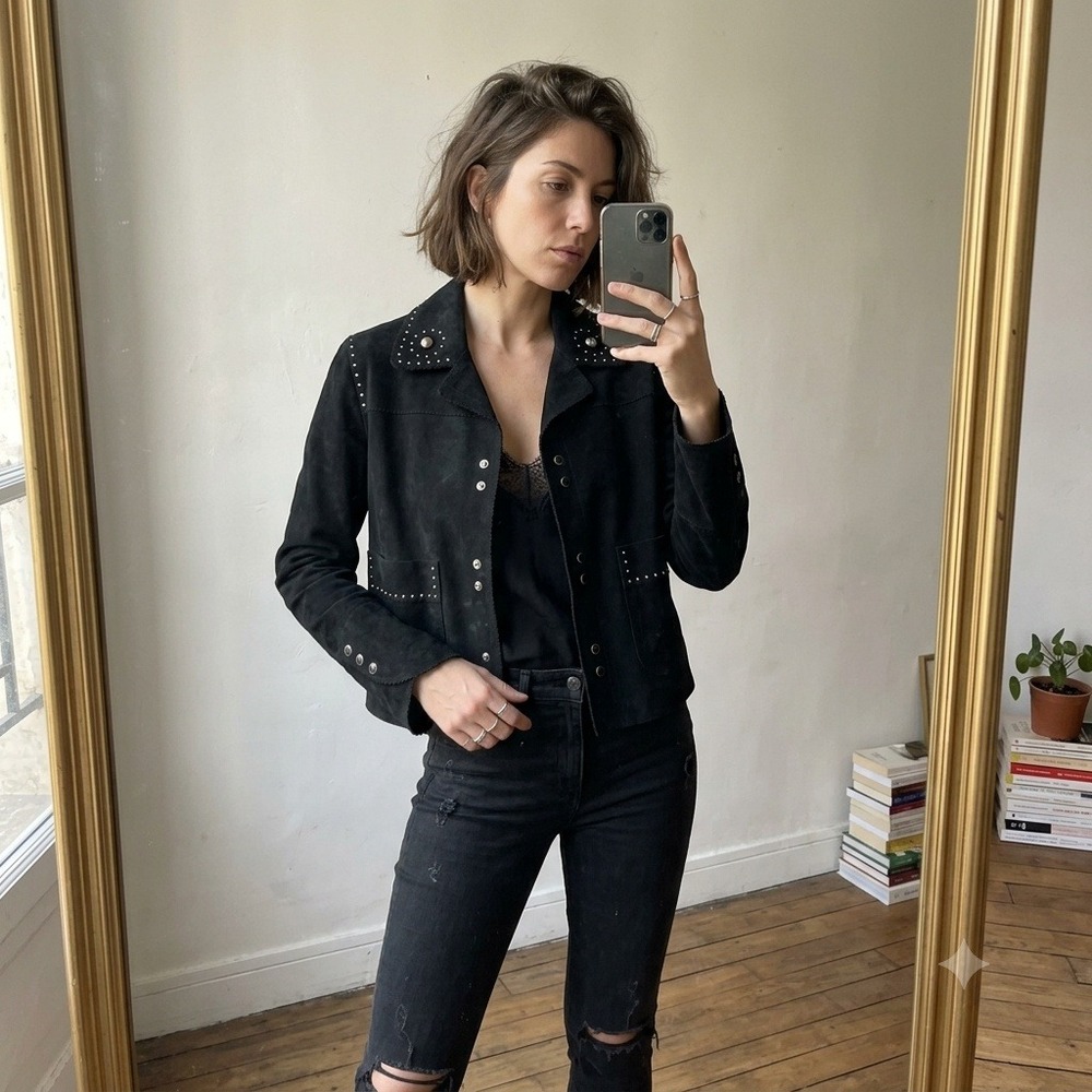 Sandro Womens Jacket 2 Medium Black Studded Suede Scalloped Western Parisian